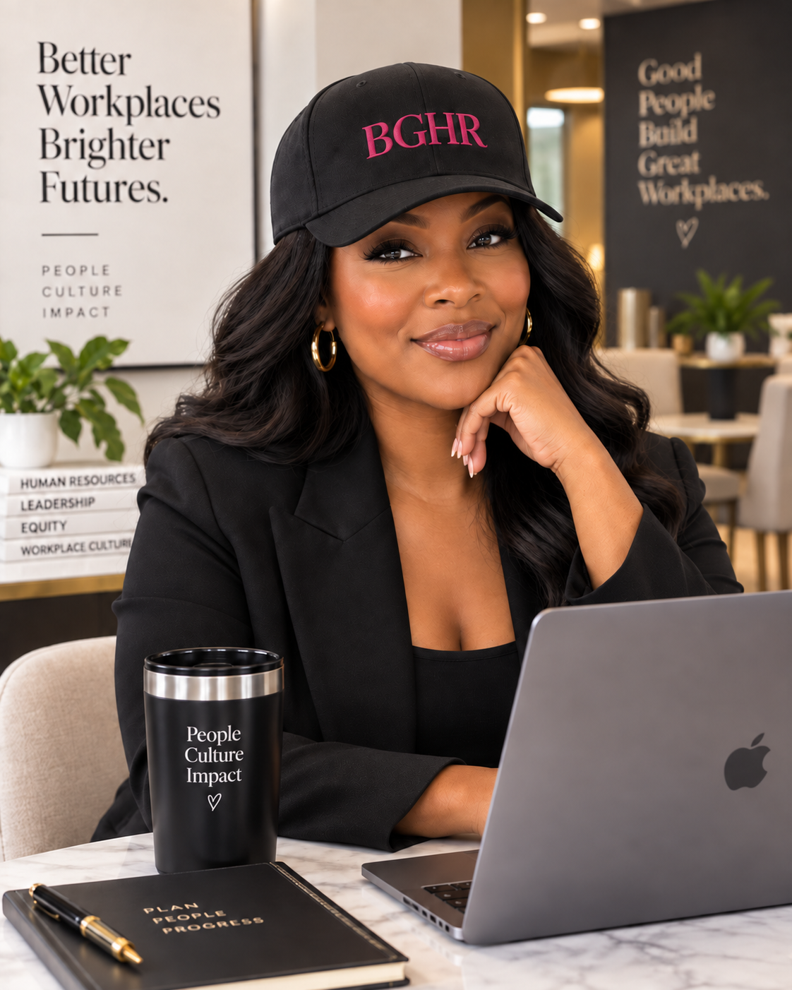 Black woman wearing the black BGHR cap with dark pink embroidery at a workplace desk