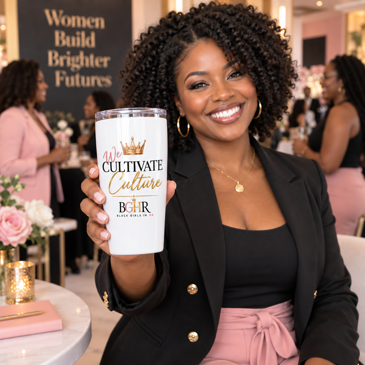 Black woman holding the BGHR We Cultivate Culture tapered tumbler at a professional event